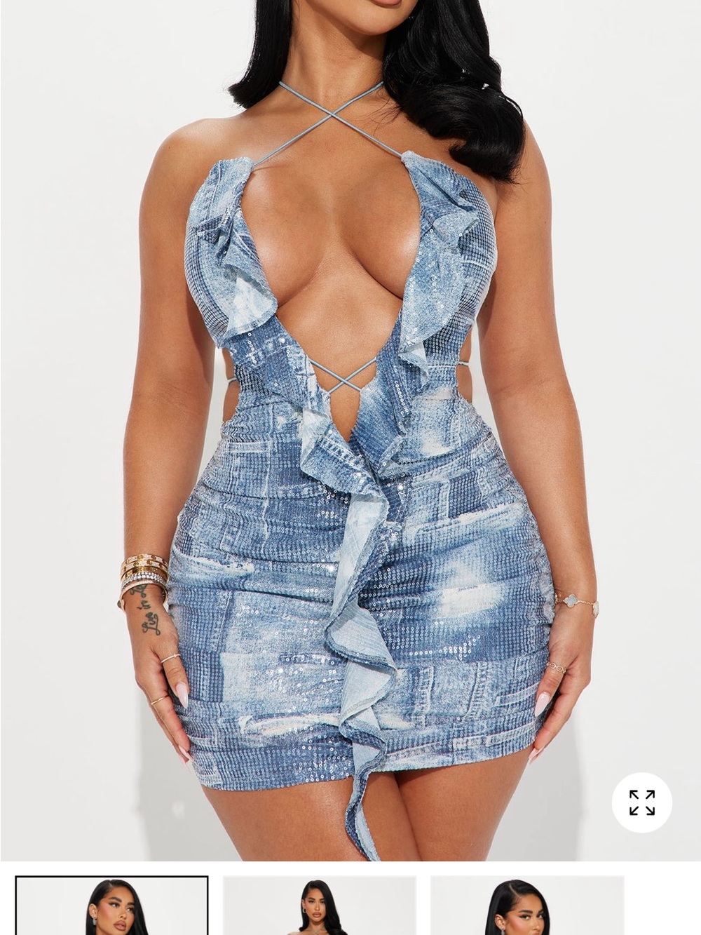 Fashion Nova Light Blue Denim-Print Ruffle Plunge Mini Dress